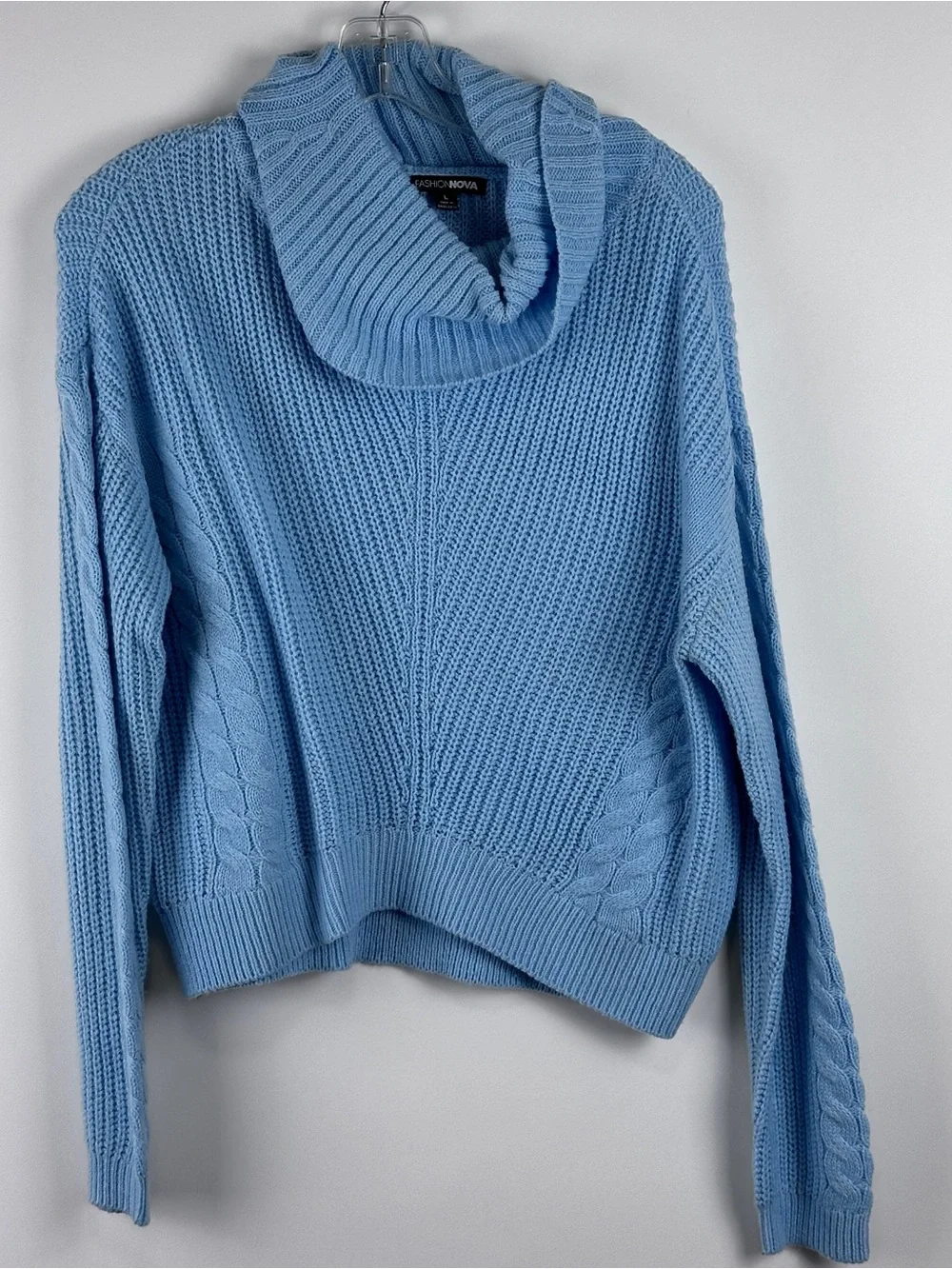 Fashion Nova Women's Light Blue Chunky Cable Knit Cowl Neck Cozy Sweater